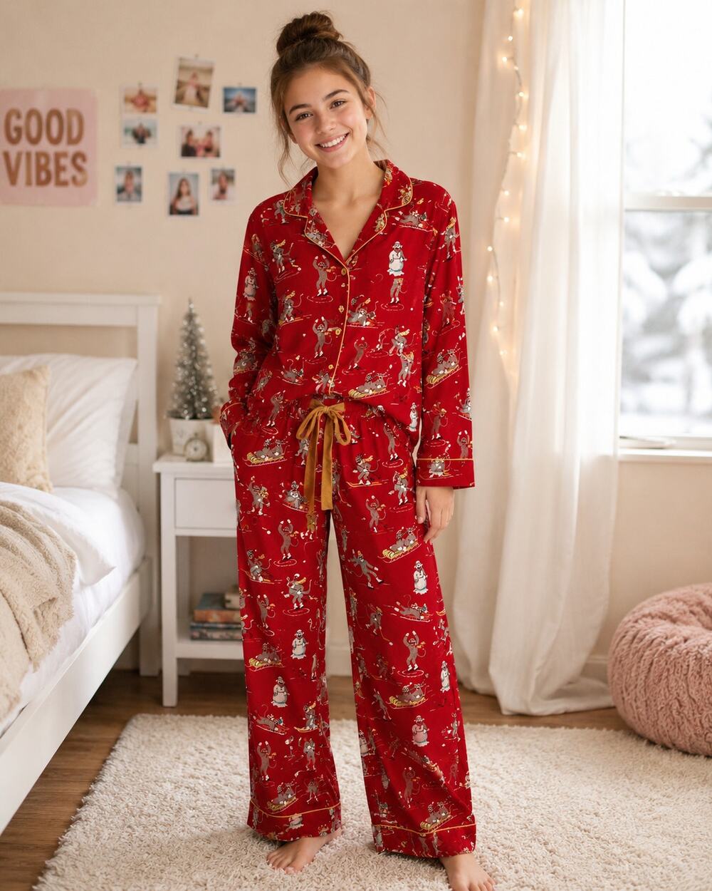 Nick & Nora Red Holiday Character Button-Front Pajama Set